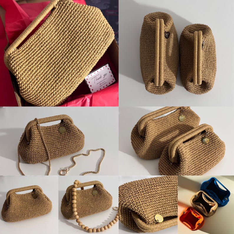 May include: A collection of handmade, woven handbags in various sizes and styles. The bags are a light brown color, with a textured appearance. Some bags have a handle, while others have a chain or beaded strap. A small gold-colored clasp is visible on some bags.