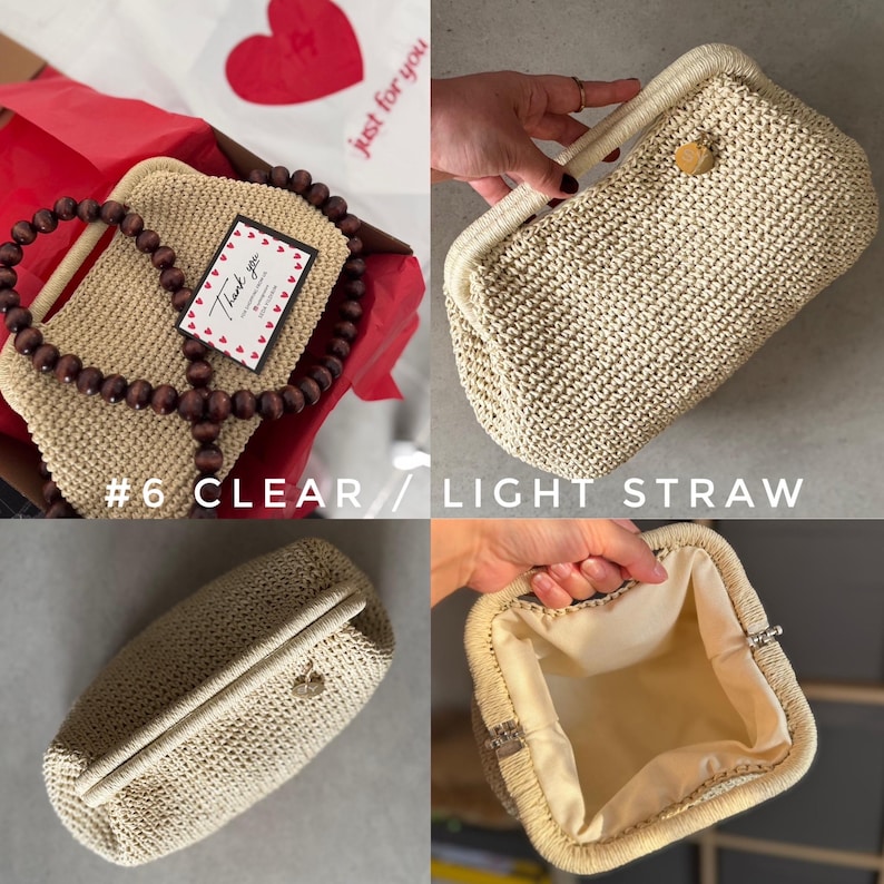 May include: A light straw-colored clutch with a woven texture. The bag has a rounded rectangular shape with a cream-colored frame and a wooden clasp. The interior is lined with a light-colored fabric. The text "#6 CLEAR / LIGHT STRAW" is visible.
