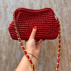 Crochet Woven Red Metallic Clutch Bag: Handmade Vegan Purse