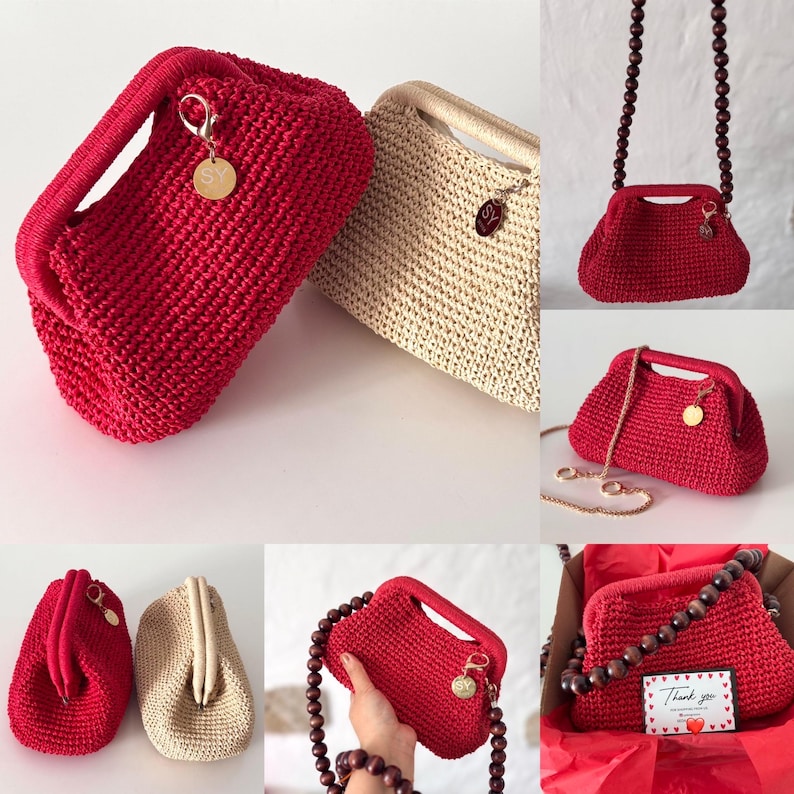 May include: A collection of handmade crochet handbags in red and beige. The red bags have a structured design with a handle and a decorative charm. The beige bag has a similar design. Some bags have beaded straps or chains.