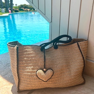 Gehäkelte Bast Einkaufstasche | Stroh-Sommer-Strand gewebte Umhängetasche | Boho XL Tasche