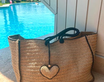 Crochet Raffia Tote Bag | Straw Summer Beach Woven Shoulder Bag | Boho XLARGE Bag