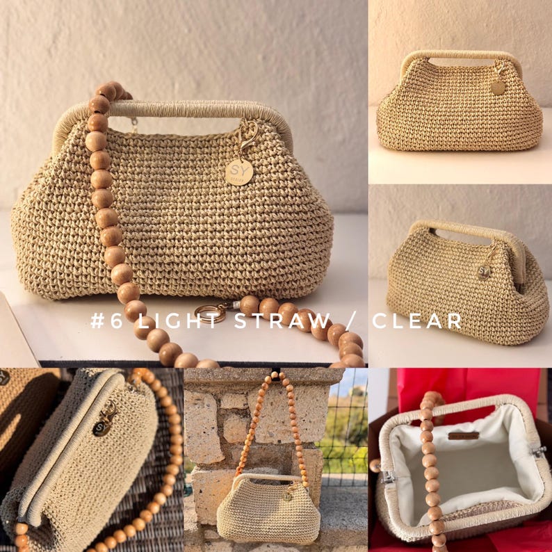 May include: A light straw-colored crochet handbag with a wooden beaded handle and a gold-tone clasp. The bag has a structured shape and a small gold charm. The text "#6 LIGHT STRAW / CLEAR" is visible.