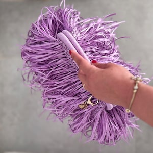 Raffia kuvertväska med fransar, bohemisk halmväska med topphandtag, handgjord vävd lila sommarväska