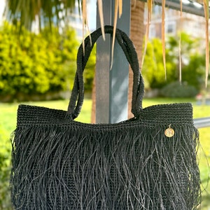 Crochet Raffia Tote Bag Straw Fringed Beach Woven Shoulder Bag Boho XLARGE Bag image 10