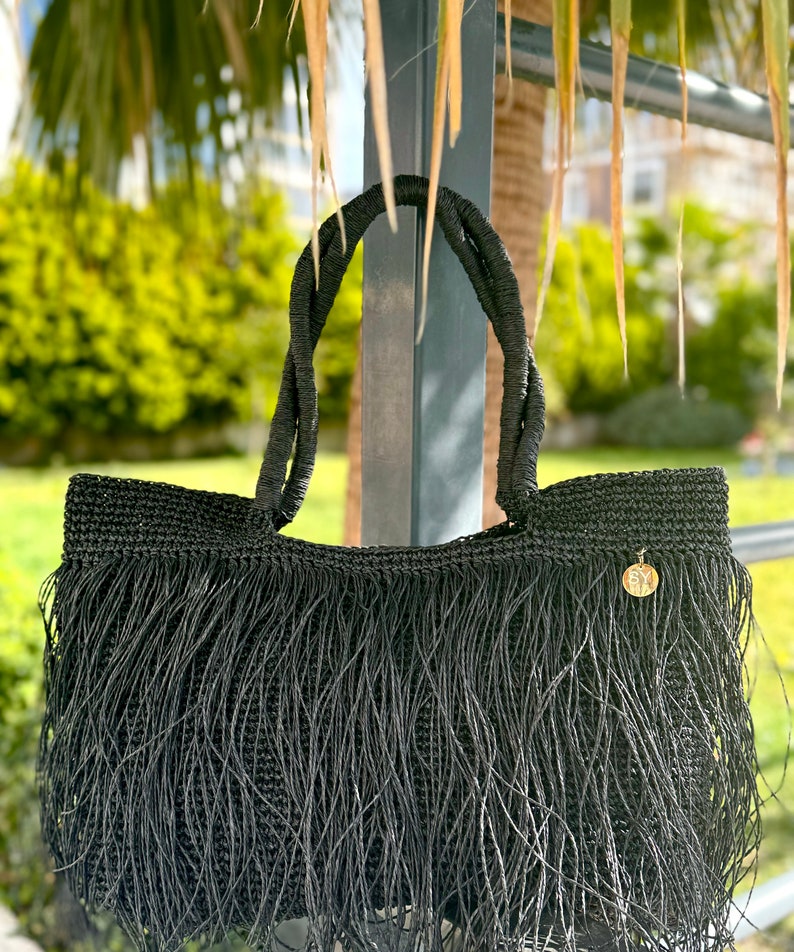 Crochet Raffia Tote Bag Straw Fringed Beach Woven Shoulder Bag Boho XLARGE Bag image 10