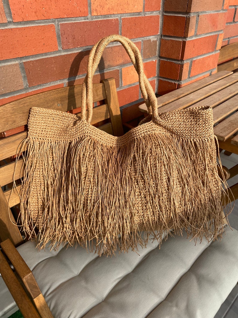 Crochet Raffia Tote Bag Straw Fringed Beach Woven Shoulder Bag Boho XLARGE Bag zdjęcie 5