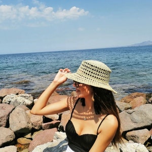 Handmade Crochet Bucket Hat, Style Raffia Crochet Hat,Summer Headdress,Raffia Summer Hat,Natural Raffia Hats,Straw Bucket Hat