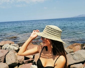 Cappello da pescatore in rafia fatto a mano all'uncinetto, cappello da sole estivo da spiaggia