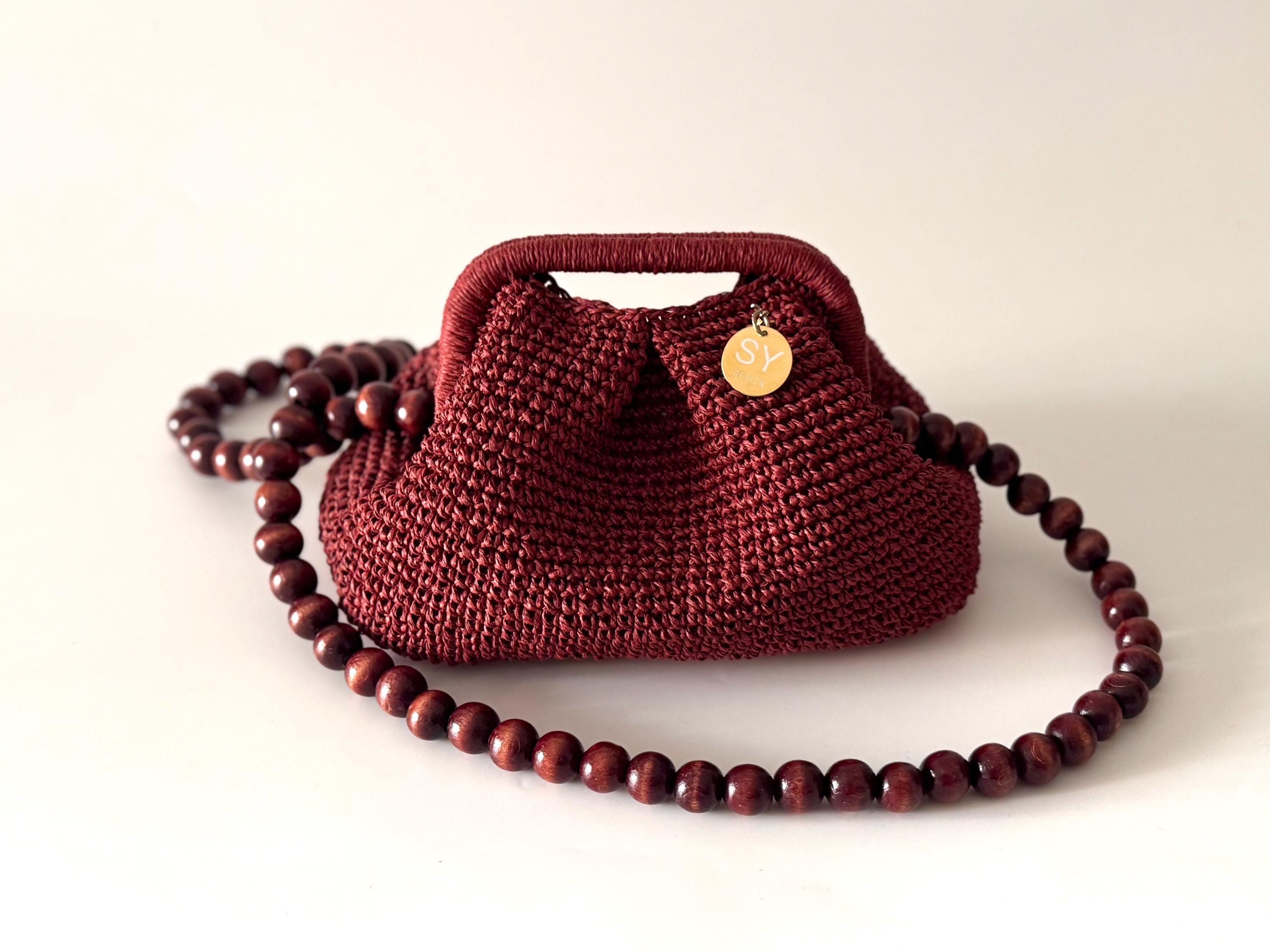 Burgundy Crochet Top Handle Clutch Bag with Wooden Beads Strap | Boho Evening Bag | Handmade Gift