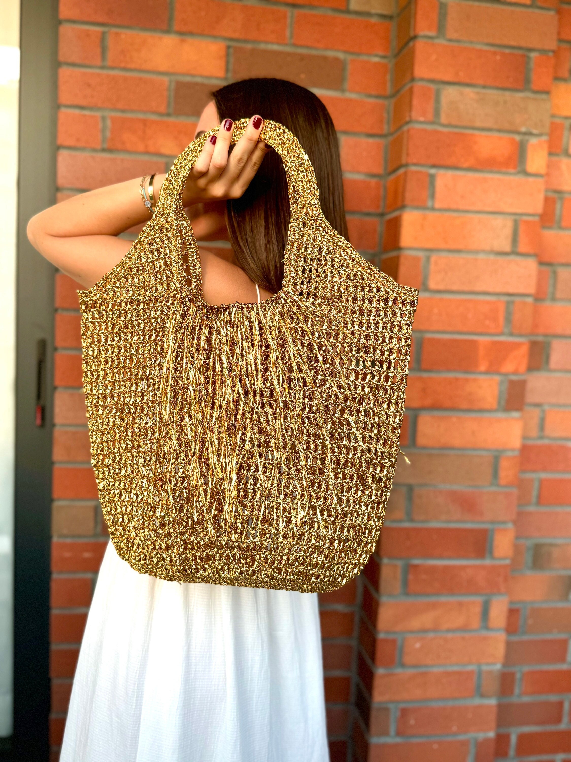 ★Fabricology★ Raffine Shoulder Bag_2color Metallic Raffia Crochet Tote Bag | Fringed Beach Woven