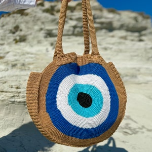 Crochet Straw Tote Strand Schulter große Schultertasche | Raffia Evil Eye Boho Tasche | Gewebte große Kreistasche