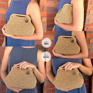 May include: A small, beige-colored clutch with a woven texture. The bag has a rounded shape with a clasp closure and a small, circular tag with the letters "SY". The color is labeled as Beige #5.