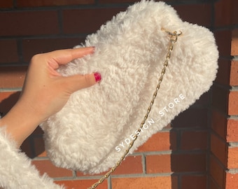 Handmade White Faux Fur Clutch: Luxury Plush Pouch Bag