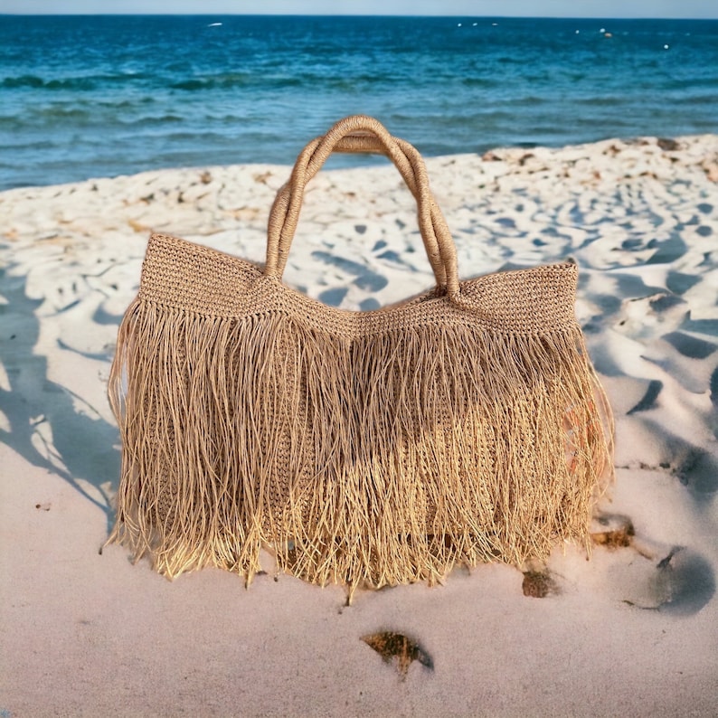 Crochet Raffia Tote Bag Straw Fringed Beach Woven Shoulder Bag Boho XLARGE Bag image 1