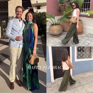 May include: A collage of images featuring people in various outfits. One image shows a couple, the woman in a pleated green and blue dress, the man in a light blue blazer. Other images show a woman in olive green pants and a small woven bag. The text "HAPPY FEEDBACK" is visible.