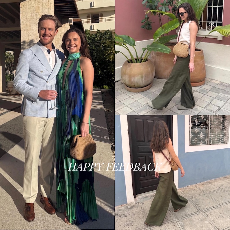 May include: A collage of images featuring people in various outfits. One image shows a couple, the woman in a pleated green and blue dress, the man in a light blue blazer. Other images show a woman in olive green pants and a small woven bag. The text "HAPPY FEEDBACK" is visible.