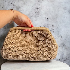 Crochet Raffia Top Handle Pouch Clutch Hand Bag Crochet Tote Straw Bag Woven Beach Clutch Handmade Gift image 6