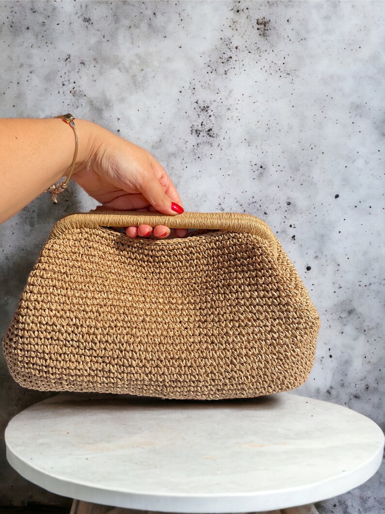 Crochet Raffia Top Handle Pouch Clutch Hand Bag Crochet Tote Straw Bag Woven Beach Clutch Handmade Gift image 6