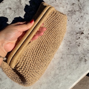 Crochet Raffia Top Handle Pouch Clutch Hand Bag Crochet Tote Straw Bag Woven Beach Clutch Handmade Gift image 5