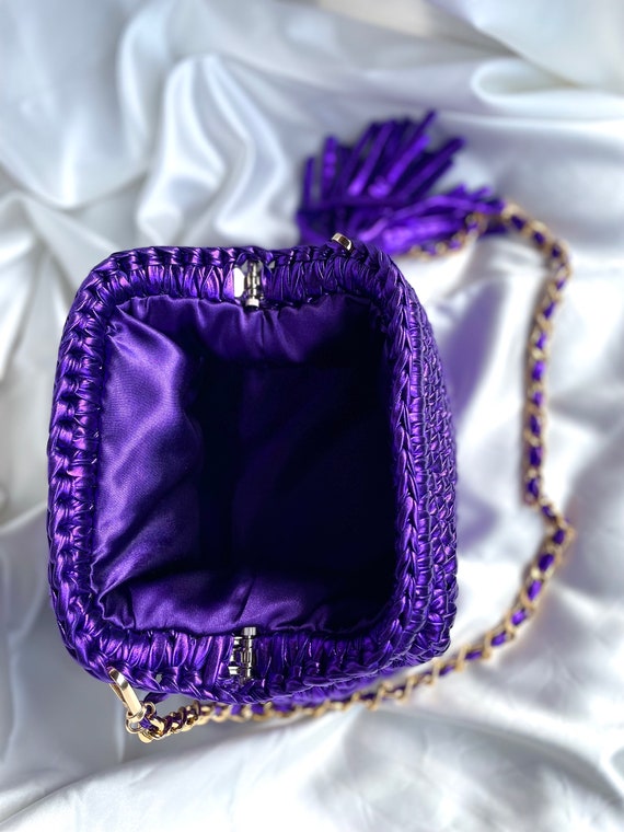 Purple Metallic Crochet Clutch Bag, Handmade Evening Pouch  Purple Woven Clutch Bag display picture 1