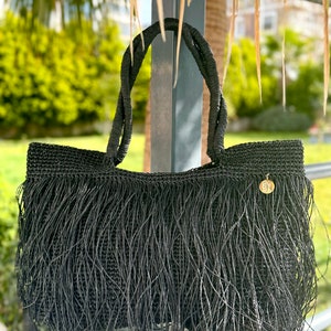 Crochet Raffia Tote Bag Straw Fringed Beach Woven Shoulder Bag Boho XLARGE Bag zdjęcie 1