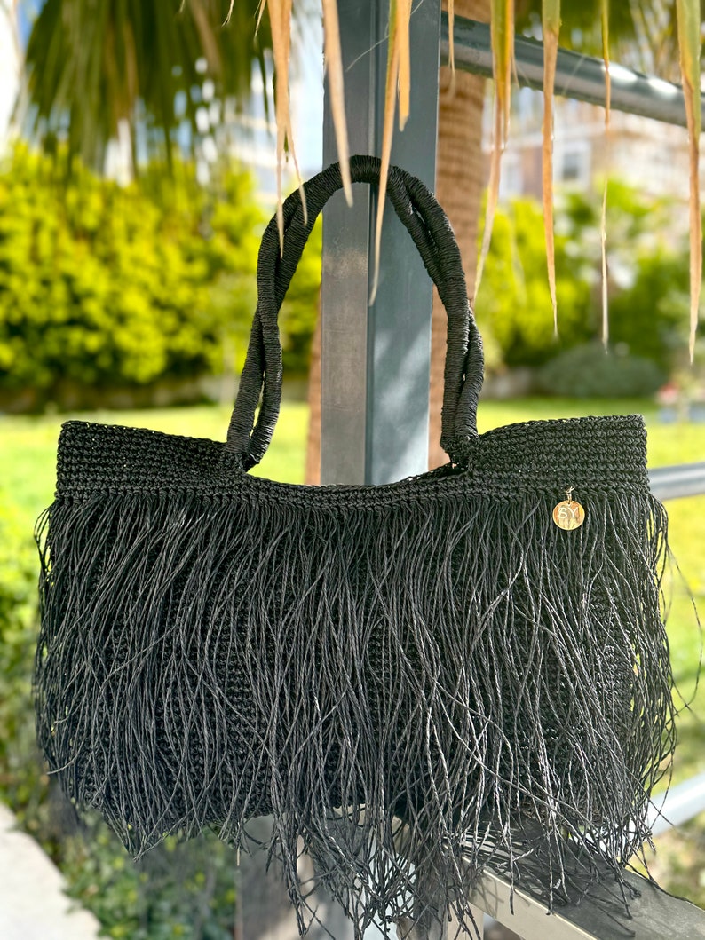 Crochet Raffia Tote Bag Straw Fringed Beach Woven Shoulder Bag Boho XLARGE Bag zdjęcie 1