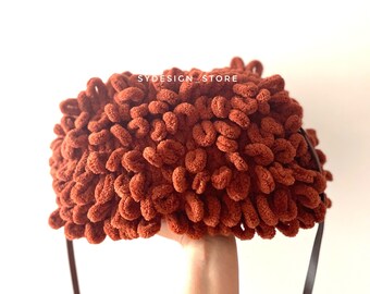 Terracotta Hand Bag/Handmade Puffy Bag, Mop Pouch Bag,Evening Raffia Crochet,Trend Soft Clutch Bag,Fluffy Fleece Clutch