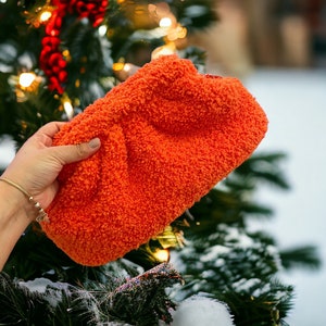 Orange Faux Fur Fluffy Plush Bag | Teddy Pouch Clutch Dumpling Bag | Knitting Luxury Bag