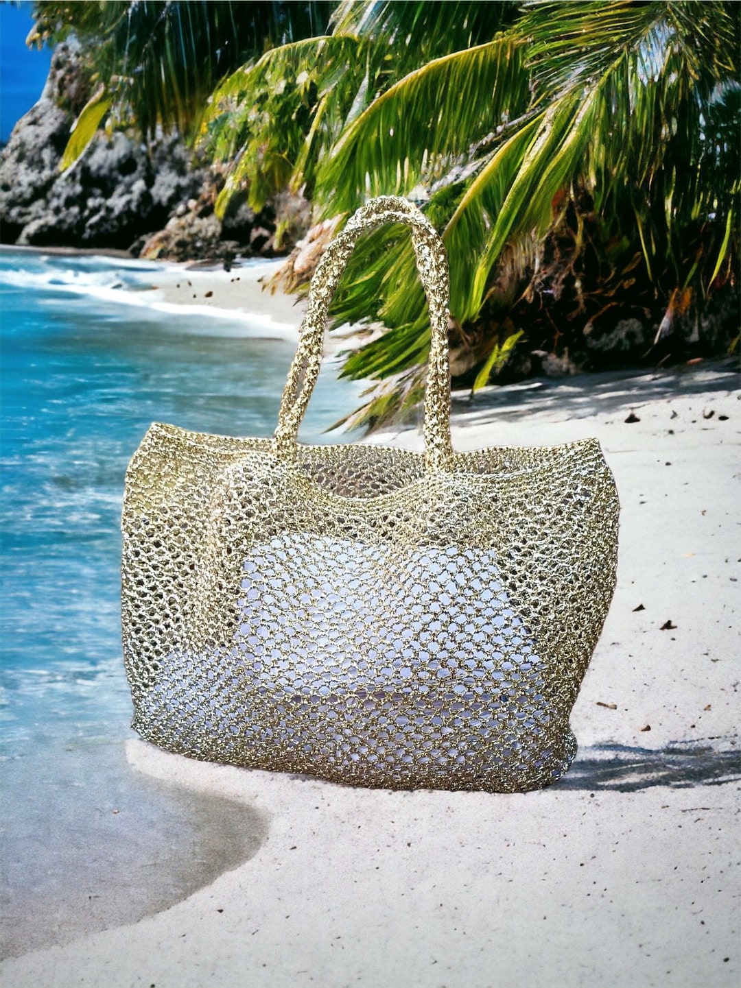 Crochet Gold Metallic Raffia Tote Bag Mesh Beach Woven Shoulder Bag XLARGE Bag - Etsy Crochet Gold Metallic Raffia Tote Bag Mesh Beach Woven Shoulder Bag XLARGE Bag - Etsy