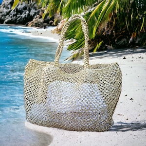 Gehäkelte Gold Metallic Raffia Einkaufstasche | Mesh Beach Woven Umhängetasche | XLARGE Tasche