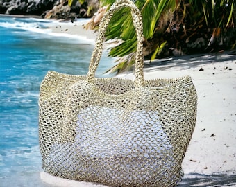 Crochet Gold Metallic Raffia Tote Bag | Mesh Beach Woven Shoulder Bag | XLARGE Bag