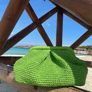 Crochet Raffia Pouch Clutch: Handmade Green Straw Summer Bag