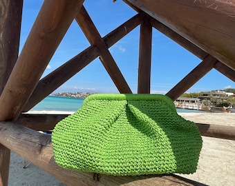 Crochet Raffia Pouch Clutch Bag, Womens Straw Summer Pouch Bag, Wicker Beach Clutch,Green Raffia Bag