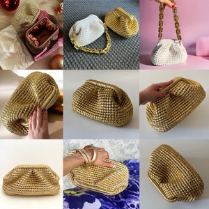 Evening Knitting Gold Metallic Pouch Clutch Bag Beach Wedding Raffia Small Clutch Purse Handmade Gift image 7