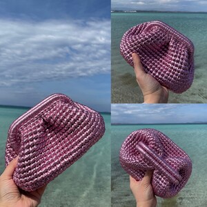 Handmade Metallic Leather Pouch Small , Crochet Evening Bag , Pink Mini Tote Bag , Womens Clutch Purse image 5