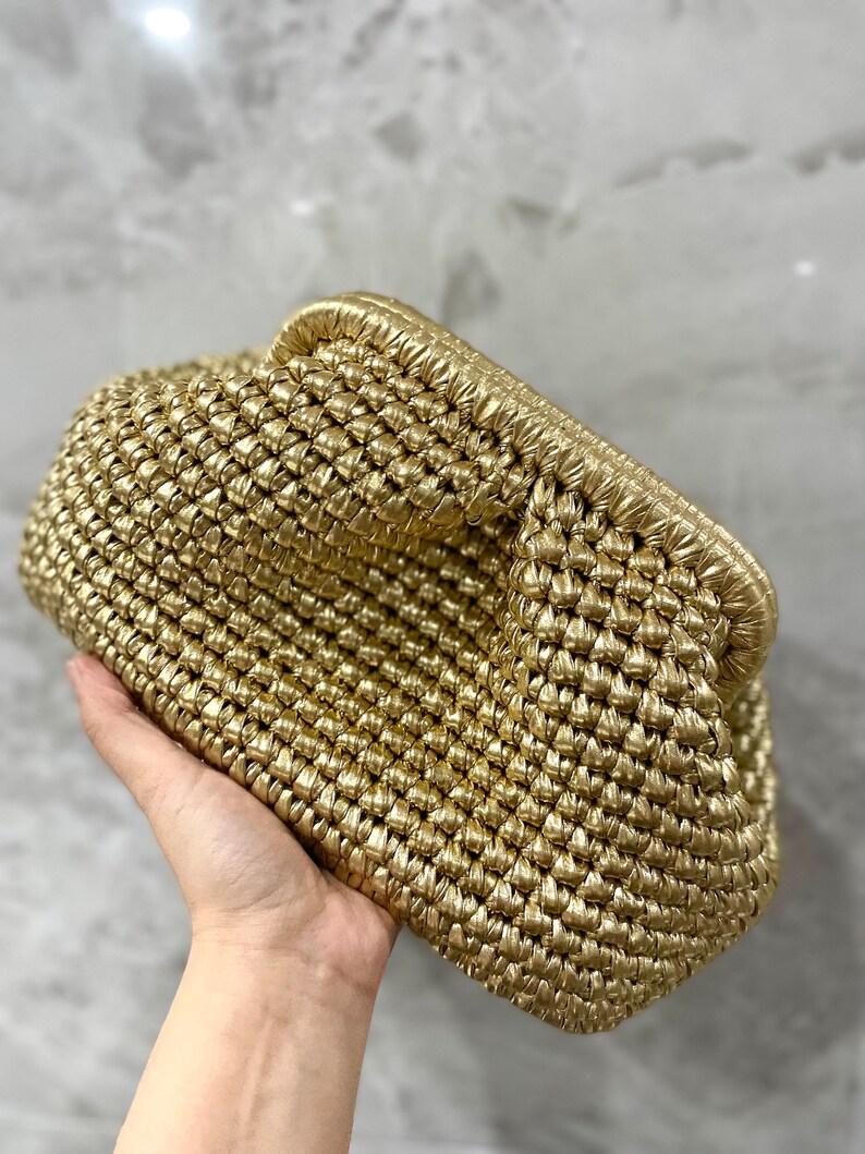 Evening Knitting Gold Metallic Pouch Clutch Bag Beach Wedding Raffia Small Clutch Purse Handmade Gift image 6