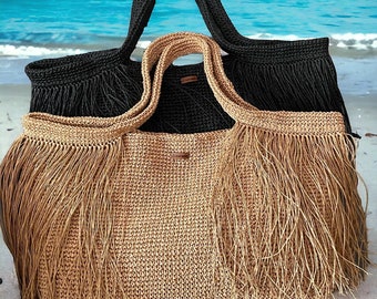 Crochet Raffia Fringe Tote Bag: Large Boho Beach Bag