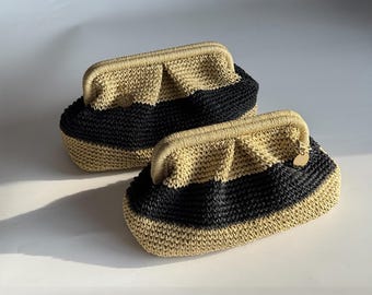 Bolso de mano tipo cartera de rafia de ganchillo: bolso de paja hecho a mano para el verano.