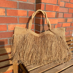 Crochet Raffia Tote Bag Straw Fringed Beach Woven Shoulder Bag Boho XLARGE Bag zdjęcie 6