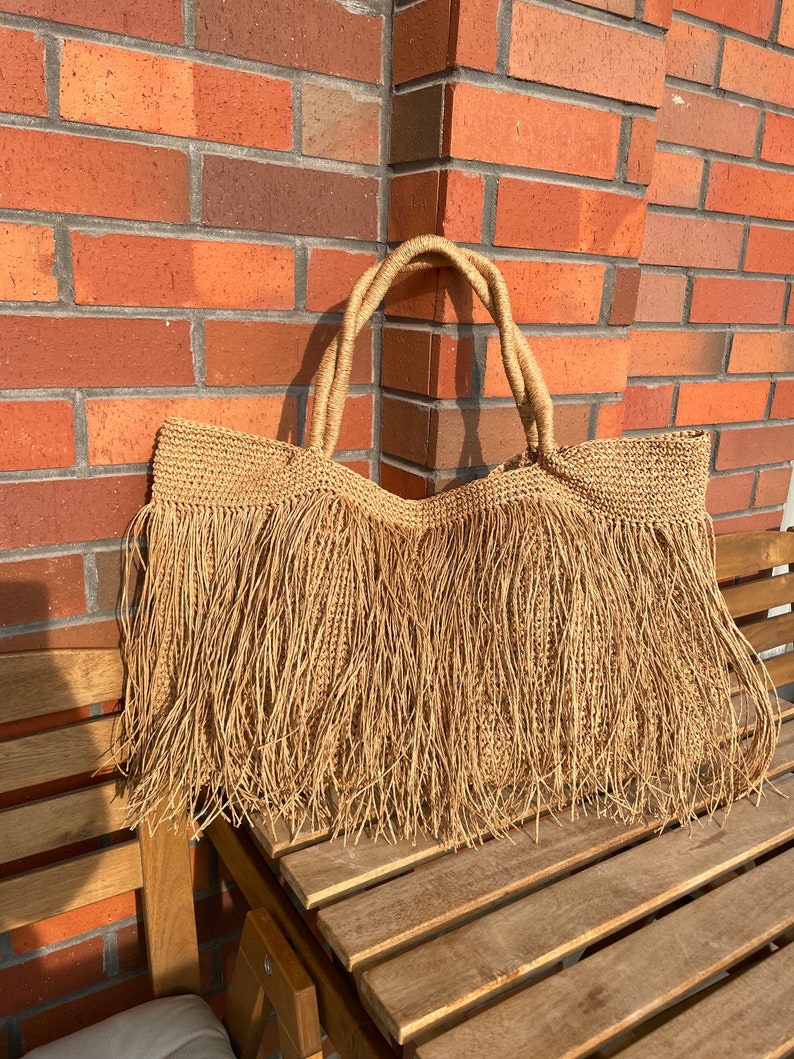 Crochet Raffia Tote Bag Straw Fringed Beach Woven Shoulder Bag Boho XLARGE Bag zdjęcie 6