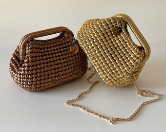 Small Bronze Gold Metallic Raffia Leather Pouch Clutch Bag | Luxury Crochet Evening Wedding Clutch | Gift For Her
