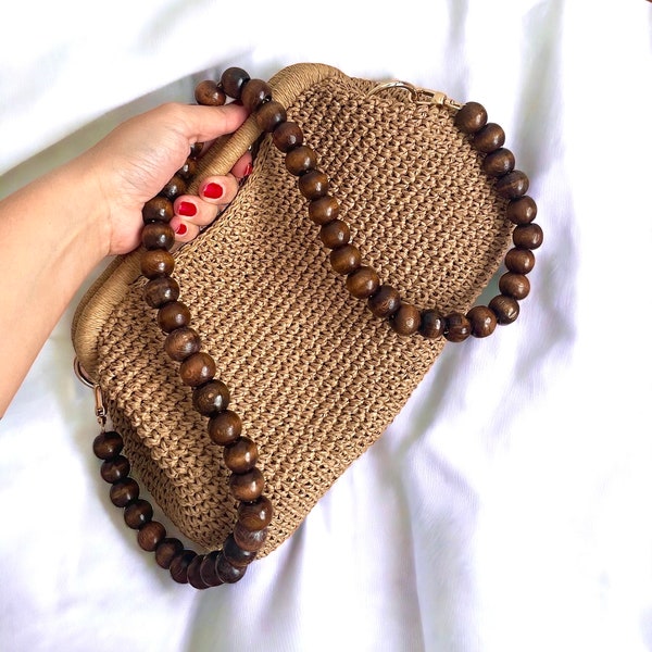 Crochet Raffia Top Handle Pouch Clutch Hand Bag | Christmas Gift | Crochet Tote Straw Bag | Woven Beach Clutch
