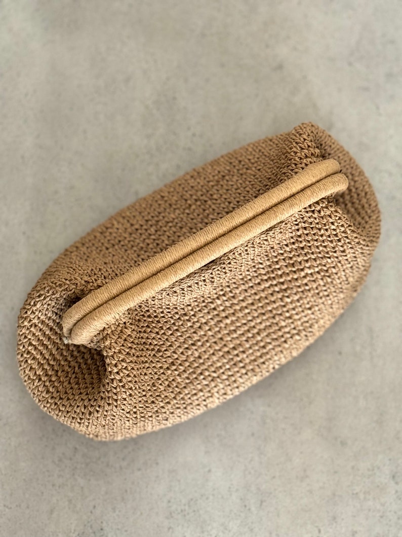 Crochet Raffia Top Handle Pouch Clutch Hand Bag Crochet Tote Straw Bag Woven Beach Clutch Handmade Gift image 2