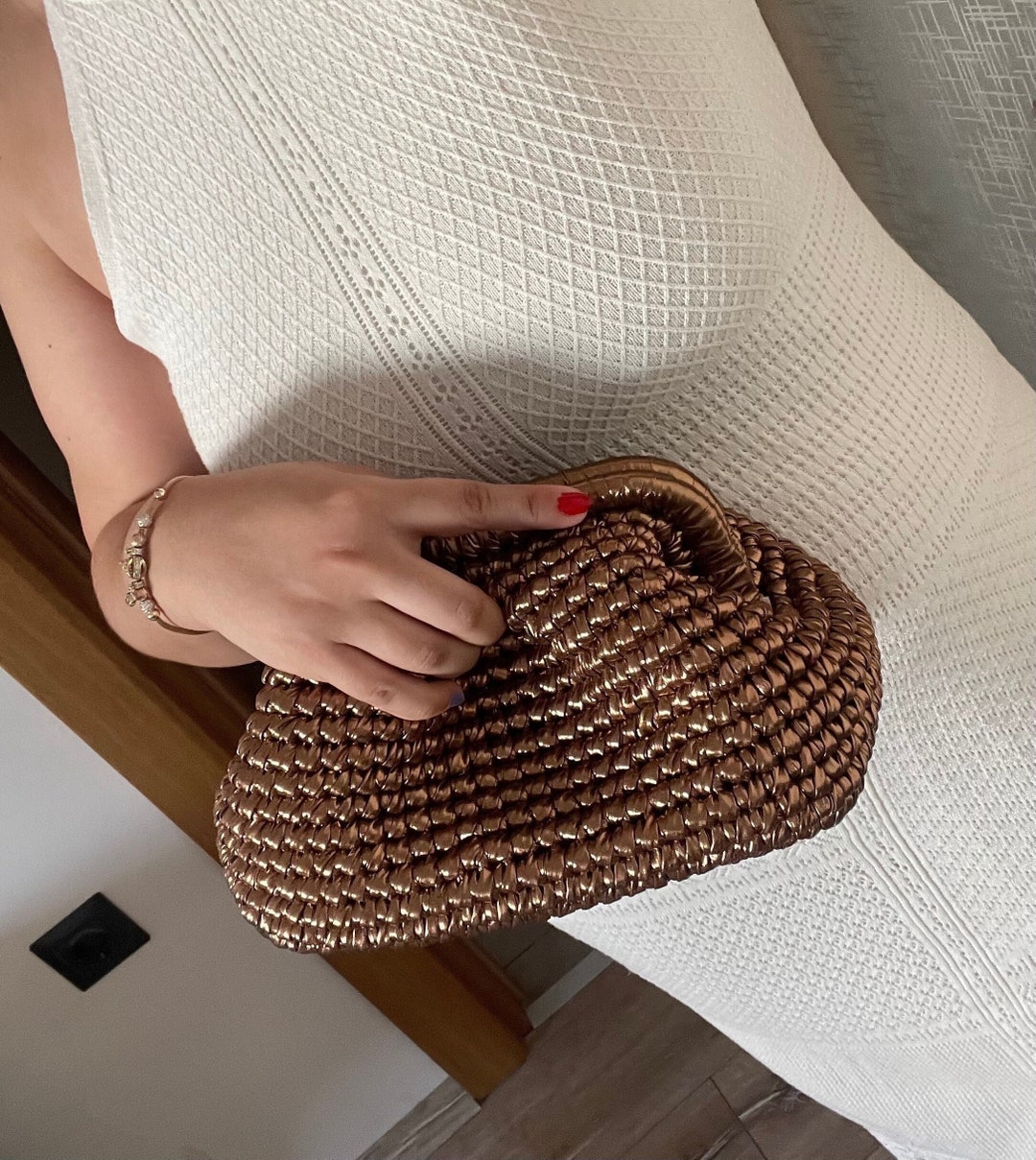Bronze Metallic Woven Clutch: Handmade Crochet Evening Bag - Etsy