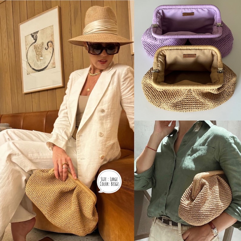 Pu&ograve; includere: Clutch in tessuto beige intrecciato con chiusura a scatto superiore. La borsa &egrave; mostrata in mano a una persona che indossa un blazer bianco e pantaloni bianchi. La borsa &egrave; anche mostrata in primo piano con la fodera interna visibile. Il testo "Size: Large Color: Beige" &egrave; scritto su un fumetto.