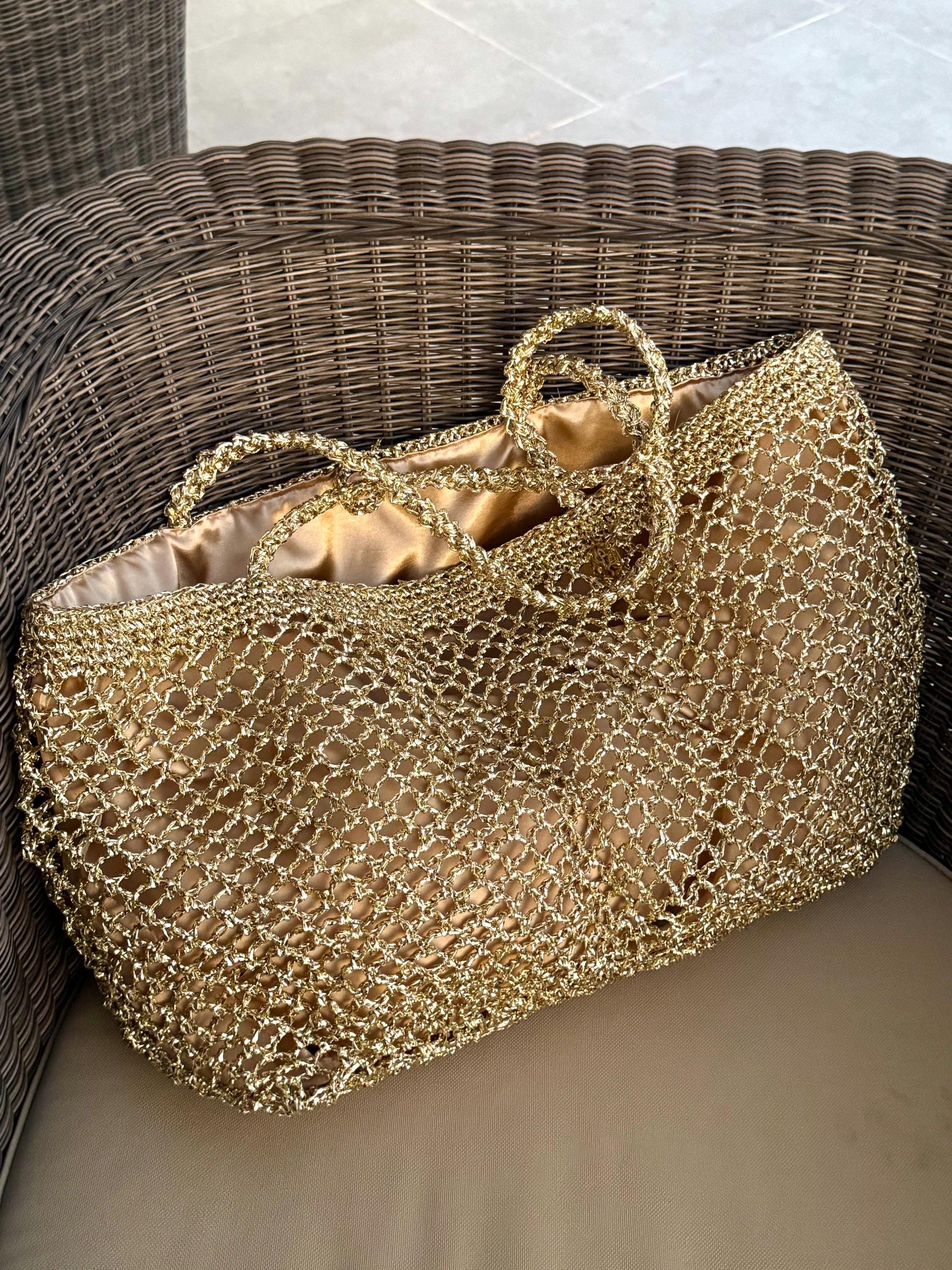 Crochet Gold Metallic Raffia Tote Bag | Mesh Beach Woven
