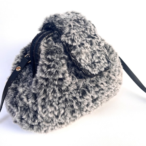 Handmade furry bag , faux fur crossbody bag , vegan leather detailed black and white mini soft cute bag , Valentines day gift , fluffy bag