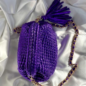Luxury Purple Metallic Raffia Crochet Clutch Bag with Chain Strap