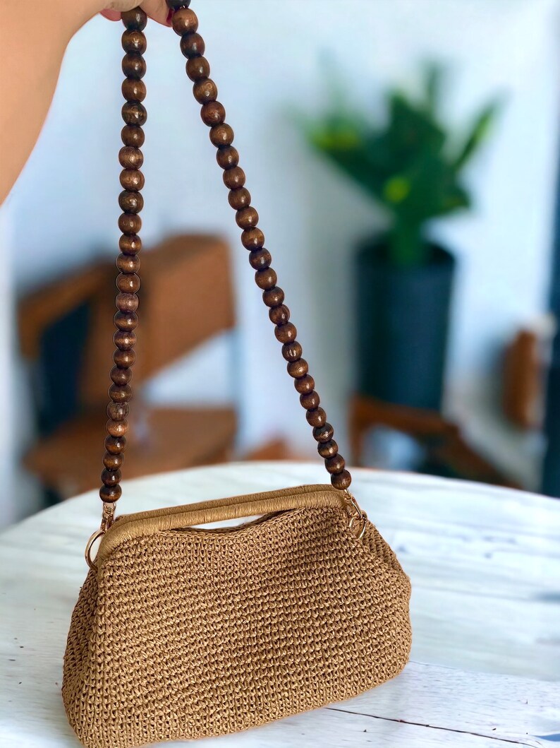 Crochet Raffia Top Handle Pouch Clutch Hand Bag Crochet Tote Straw Bag Woven Beach Clutch Handmade Gift image 8